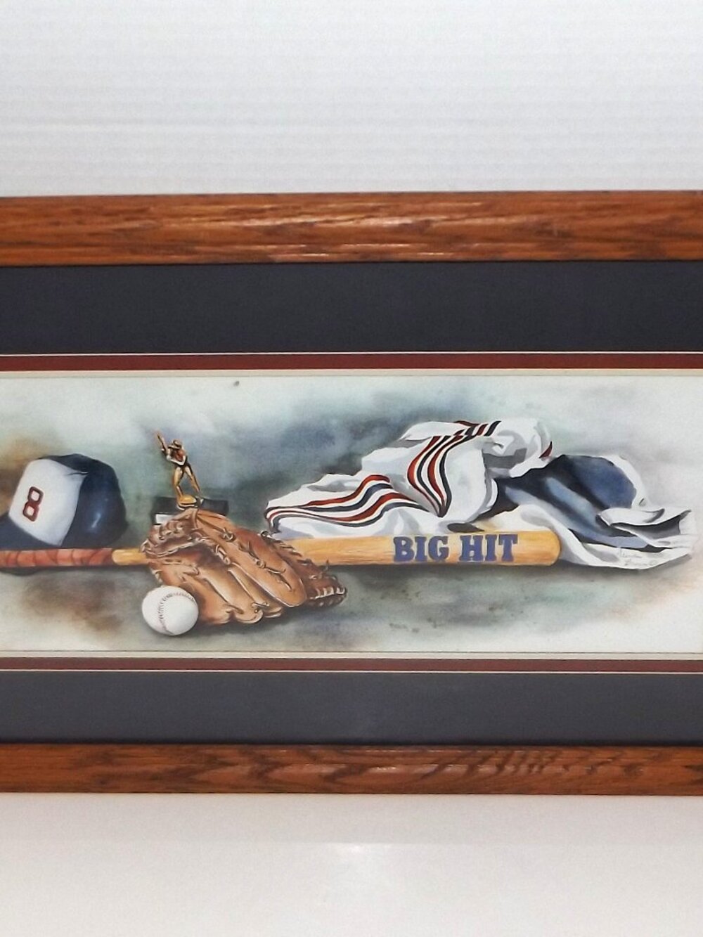 1990s HOMCO Home Interiors Wood Framed Matted Baseball Print “Big Hit”